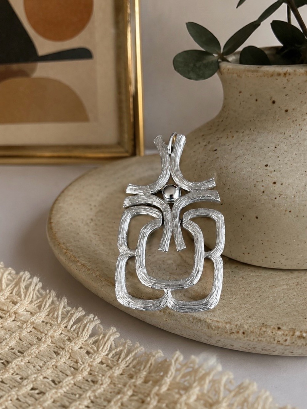 Vintage Avon Modernist Silver Tone Pendant Geometric Abstract Retro‎ Mod